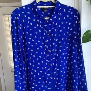 Liz Claiborne Career Blue Tiny Small White Flowers Button Up Blouse Top Large
